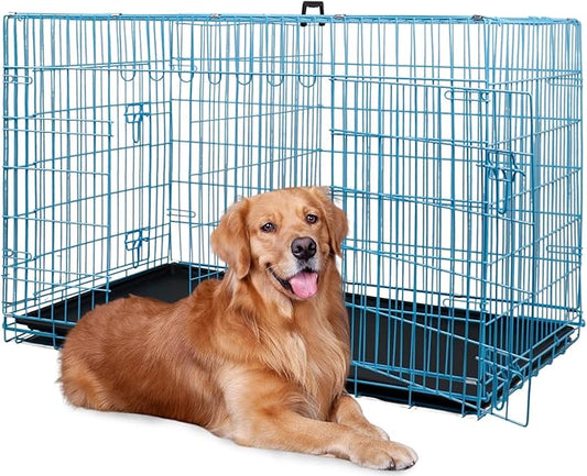 BestPet | Dog Crate | 48" | Blue | Foldable Metal Kennel with Double Doors, Secure Slide-Bolt Latches, Leakproof Tray | Portable Dog Cage for Large Breeds | for Travel, Indoor & Outdoor Use