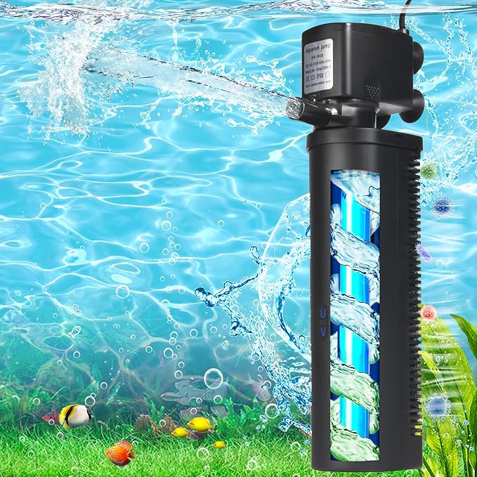Aquarium U-V Filter 300GPH for Large 80-200 Gal Fish Tank Pond, Powerful Internal Submersible Pump Green Water Clean Killing Machine Air Supply Deodorization Keep Saltwater Freshwater Crystal Clear