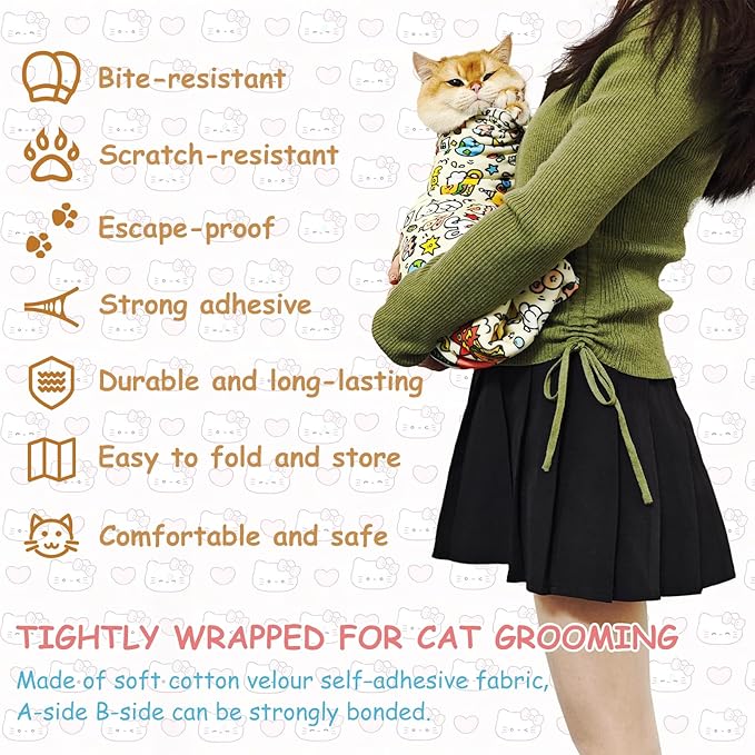 Cat Grooming Restraint Wrap – Self-Adhering Swaddle for Nail Clipping, Anti-Scratch & Escape-Proof, Calming Cat Swaddle Wrap for Grooming or Medication (Medium, for 1–6 Month Kittens)