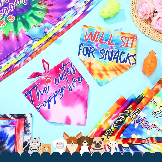 50 Pcs Tie Dye Dog Bandanas Bulk Pet Bibs Colorful Triangle Scarf Tie Dye with Sayings Pet Bandanas for Medium Large Dogs Spring Summer Birthday Costume Decor