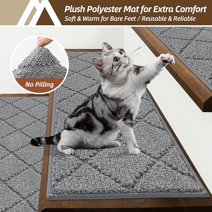 COSY HOMEER Stair Treads for Wooden Steps 9"x28" Washable Indoor Carpet Stair Treads Non Slip Soft Polyester Stair Carpet Tread Reusable Stair Runner Rugs for Kids, Elders,Pets,Medium Grey,4pcs