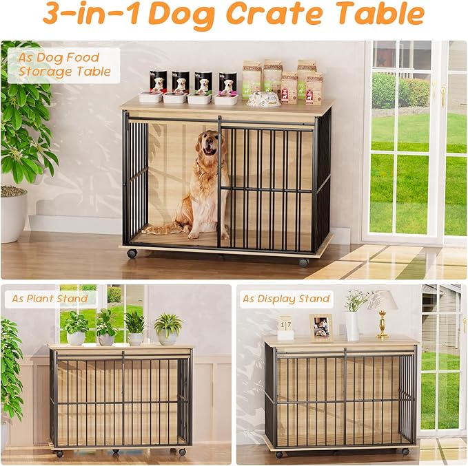 43.7" Dog Crate Furniture, XL Dog Crate Dog Kennel Indoor with Wheels for Large Medium Small Dogs, Wooden Dog Kennel End Table with Sliding Door Wooden Furniture Crates for Living Room, Bedroom