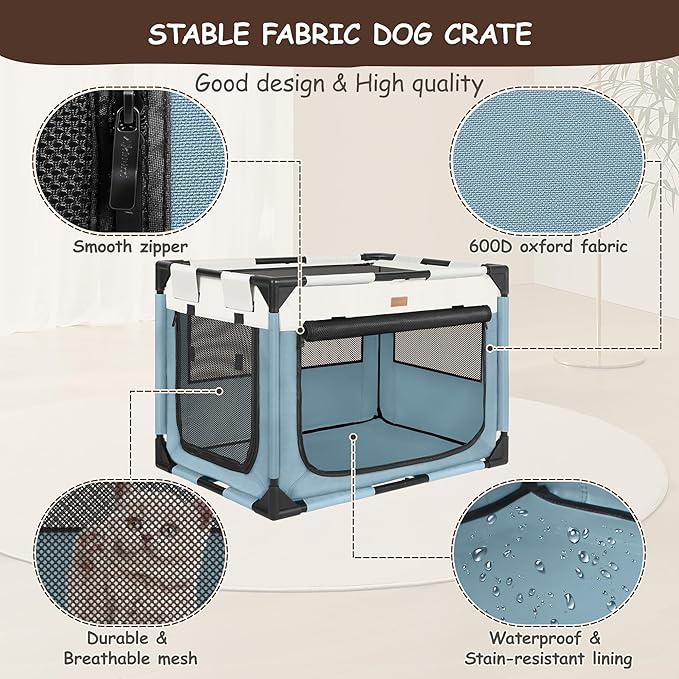 Dog Crate - Soft Pet Kennel for Dogs/Cats, 3-Door Breathable Travel Cage with Mesh Window, Portable Dog Kennel for Indoor & Outdoor, Blue-L
