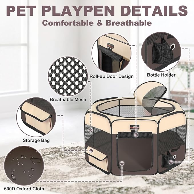 Aivituvin Dog Playpen, Foldable Pet Play Pens with Carrying Bag for Cat, Puppies, Rabbits, Portable Dog Tent Crates Cage for Travel Camping Indoor Outdoor, Removable Shade Cover, Brown M