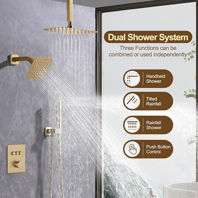 12 Inch Rain Shower System, Brushed Gold Shower Faucet Set with Push Button Diverter, 6 Inch Wall Mounted 3-Functions Bathroom Shower Systems with Dual-Function Handheld (Thermostatic, Gold Brushed)