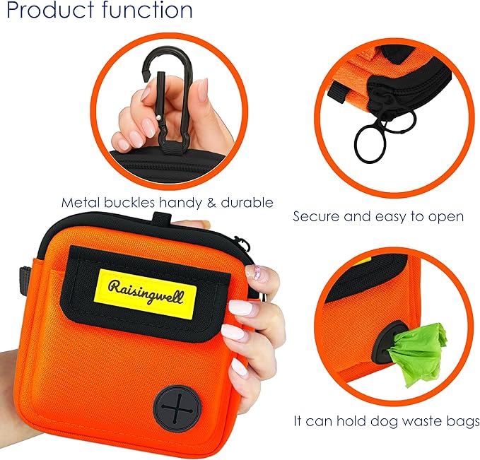 Dog Treat Pouch for Pet Walking and Training with Clicker Poop Bags, and Three Bags Design Small Fanny Zipper Pack Holder for Puppy Snack Dispenser Kit for Leash and Outdoor Use (Orange)
