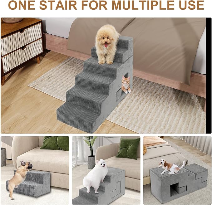 Dog Stairs for Small Dogs 27”H, 6-Step Dog Steps for High Bed, High-Density Foam Pet Stairs with Non-Slip Removable Washable Cover to Get on Bed(Grey)