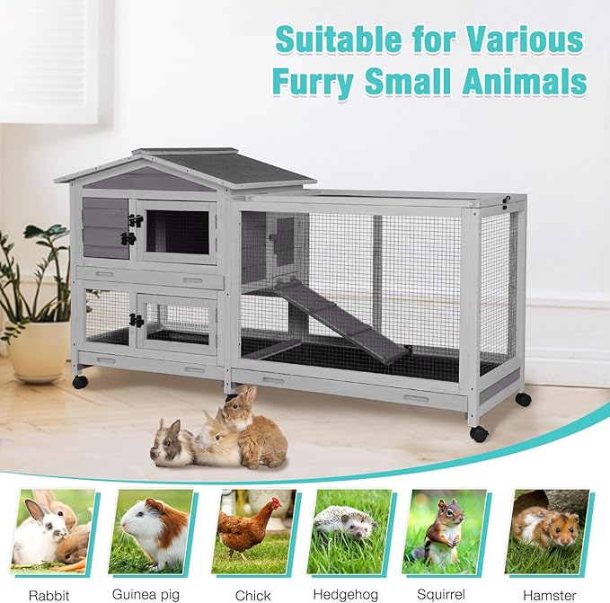 62" Rabbit Hutch with Chew-Proof Ramp & Waterproof Roof - Indoor/Outdoor Bunny Cage, 2-Story Design, 6 Lockable Caster Wheels & Dual Pull-Out Trays (Grey)
