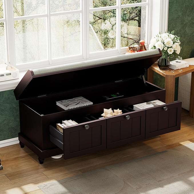 Classic Shoe Storage Bench with Cushion and Three Drawers, Fluted Entryway Bench with Storage for Entryway, Living Room, Hallways 44.0" L x 15.9" W x 18.9" H Espresso