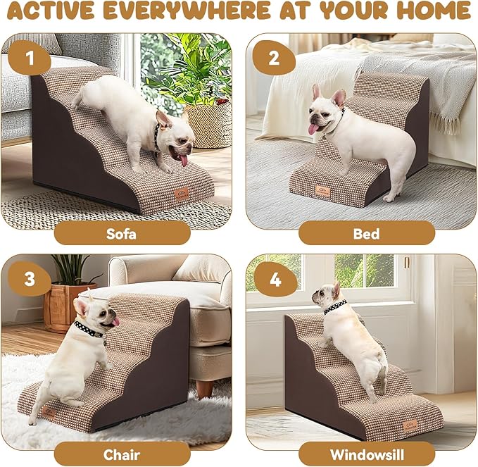 Dog Ramp and Stair for Bed 16" H-20 H,3-Step Cat Stair for Sofa and Chair,4-Step Dog Ramp for High Bed and Window,Durable Nonslip Fabric Cover for Indoor (Coffee-20 H, Pet Friendly, 4)