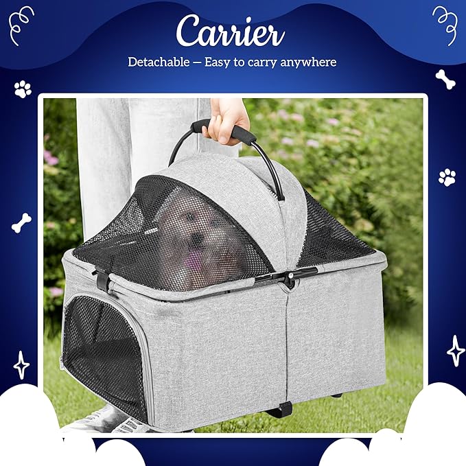 Detachable Pet Double Stroller with 4 Rolling Casters for 2 Pets – Lightweight Multifunctional Travel Stroller with Mesh Windows, Cup Holder, Sun Shades & Storage Pocket for Puppy and Kitty