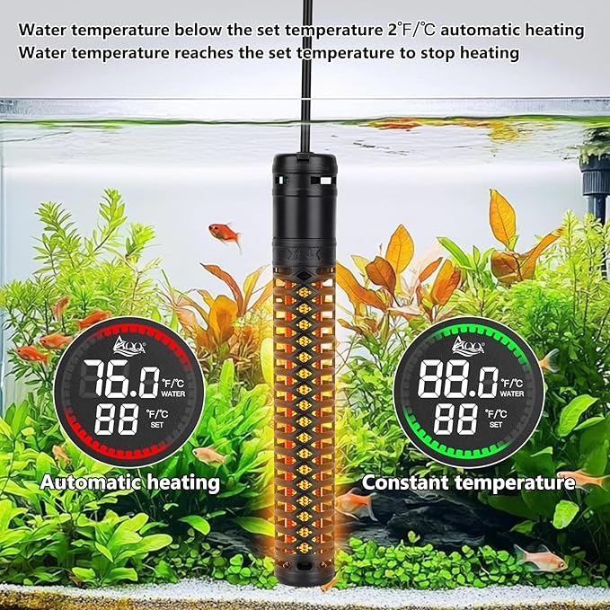 AQQA Aquarium Heater,Submersible Fish Tank Heater 59-93°F/15-34°C External Controller,Rapid Heating,Ultra-high Temperature Protection,Automatic Power-Off When Leaving Water (1000W for 172-227 Gallon)