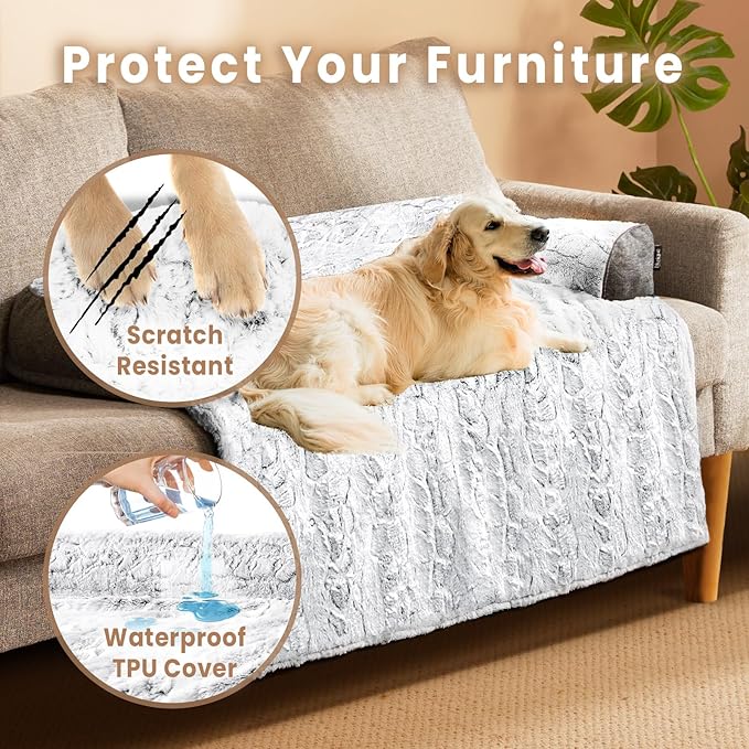Calming Dog Bed for Couch, 35 x 31 inch Removable Couch Cover for Dogs/Cats Washable, Non-Slip Fluffy Plush Dog Sofa Mat for Furniture Protector - Grey