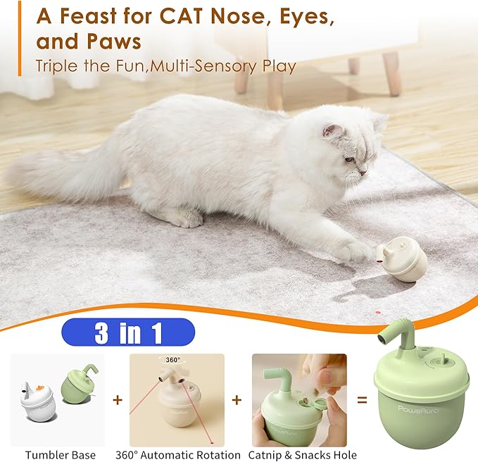 Automatic Laser Cat Interactive Toy, Self-Balancing 360° Auto-Spin Laser Pointer with Catnip Hole, Triple-Sensory – Kitten Sight, Smell & Touch, Boredom Relief Toy for Indoor Adult Cat (white)