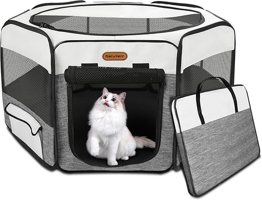 Dog Playpen, Portable Pet Play Pen Foldable Carrying Case, Puppy Pens Outsid for Small Cat Indoor/Outdoor, Removable Mesh Shade Cover