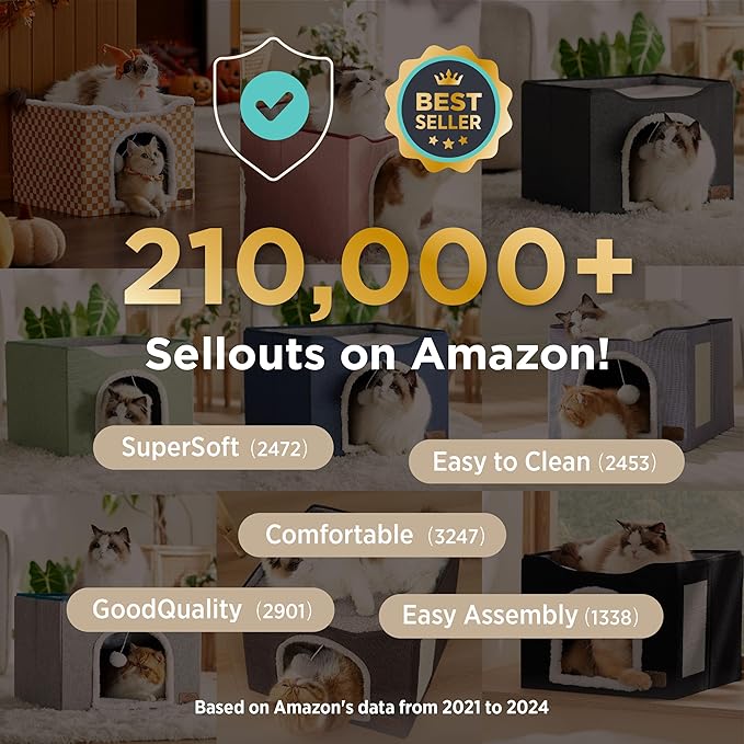 Bedsure Cat Beds for Indoor Cats - Large Cat Cave for Pet Cat House with Fluffy Ball Hanging and Scratch Pad, Foldable Cat Hideaway, 16.5x16.5x13 inches, Ivory