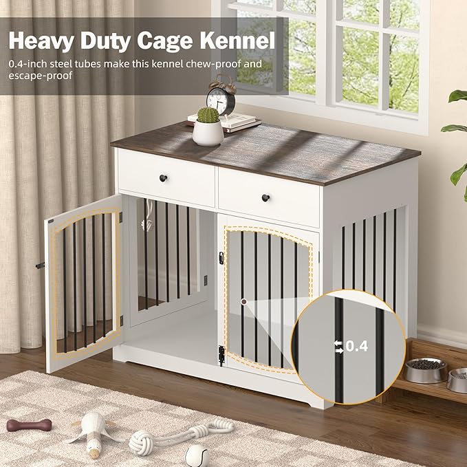 40 Inch Furniture-Style Dog Crate-Multipurpose Wood Pet Crate Furniture with Double Doors,2 Drawers, Decorative Dog House Indoor for Smal/Medium Dogs, White Finish