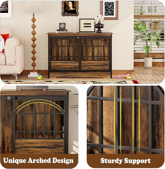 COZPAW 52 Inch Dog Crate Furniture, Extra Large Dog Kennel Indoor for XLarge Breed, Heavy Duty Dog Cage with Double Elegant Arched Doors, Decorate as TV Stand & End Table-Retro Brown
