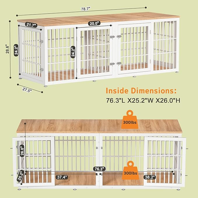 78 Inch Double Dog Crate Furniture, Heavy Duty Extra Large Cage Furniture with Divider for 2 Dogs, Decorative Wooden Kennel Furniture Indoor, Pet House for Large and Medium Dogs, White