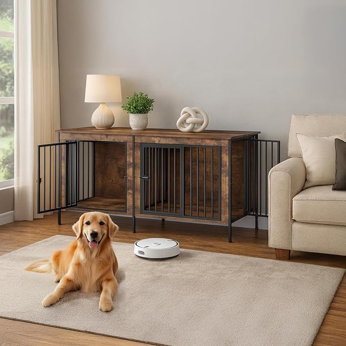 Dog Crate Furniture 78" for 2 Dogs Sturdy Heavy Duty Dog Kennel Solid Metal Tube Thick Wooden with 3 Lockable Doors XXL Double Dog Cage Large Breed as End Table for Large Dogs Rustic Brown