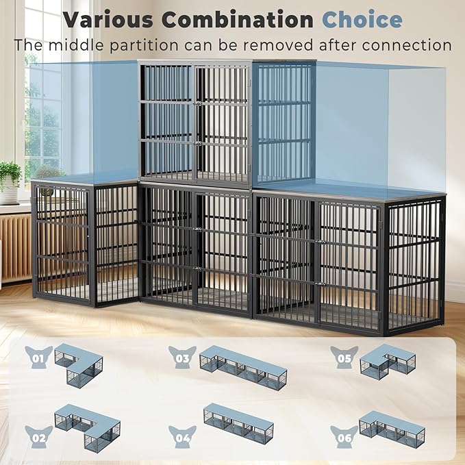 48'' XXL Dog Crate Furniture with 3 Doors, Wooden Crate End Table Heavy Duty Indoor Combination Cage for Medium to Large Dogs, Multiple Units Can be Combined, Grey