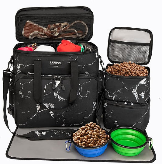 Dog Travel Bag,Weekend Pet Travel bag Set for Dog and Cat,Airline Approved Tote Multi-Function Dog Bags for Traveling,Include 2 Collapsible Bowls,2 Food Storage Containers,1 Feeding Mat,Marble