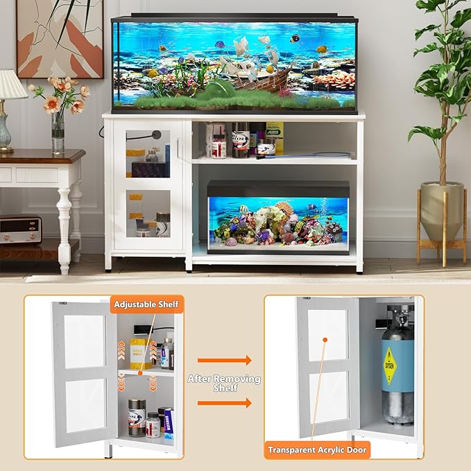 55-75 Gallon Fish Tank Stand with Cabinet, Aquarium Stand for Fish Tank Accessories Storage, Heavy Duty Metal Terrarium Stand, 52" L*19" W Tabletop, 1200LBS Capacity, White