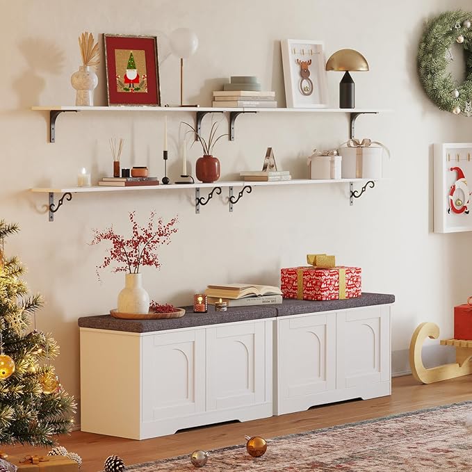 DINZI LVJ Shoe Bench, Entryway Storage Bench with Doors, Cushion, 2-Tier Shoe Rack with 6-Cubby, 31.5”L x 13.8”W Shoe Organizer Cabinet, Adjustable Shelf, Living Room, Bedroom, White