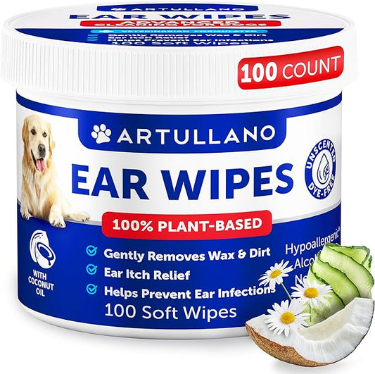 Dog Ear Wipes - 100 ct - Removes Wax and Dirt - Soothing Ear Cleaner Wipes for Dogs, Puppies - 100% Plant Based, Unscented with Coconut Oil - Ear Infection Treatment to Relief Itching & Inflammation
