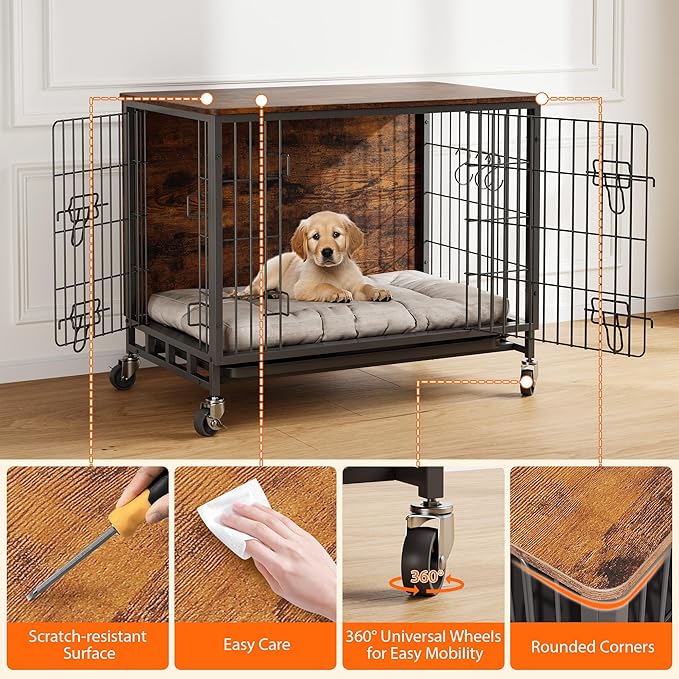 Dog Crate Furniture, 32.5" Wooden Dog Crate Furniture Side End Table, Indoor Kennel with Double Doors, Dog Crates for Medium Dogs, Rustic Brown