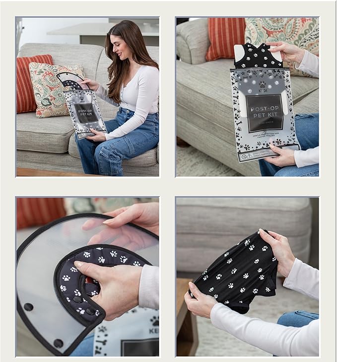 Cat Recovery Cone Kit Post Surgical Soft Pet Vest, Collar, and Non-Irritating Protection Cone for Cats - Comfortable Injury Care Solution (Black with White Paws, Small)