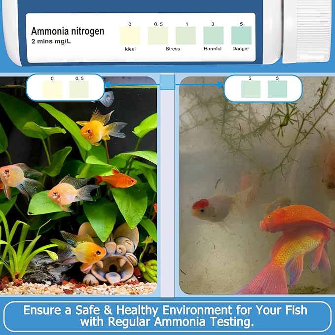 Ammonia Test Strips for Fish Tank: 100 Count Aquarium Ammonia Test Strips for Saltwater & Freshwater Aquariums & Ponds – Ammonia Test Kit with Test Tube Thermometer Stick