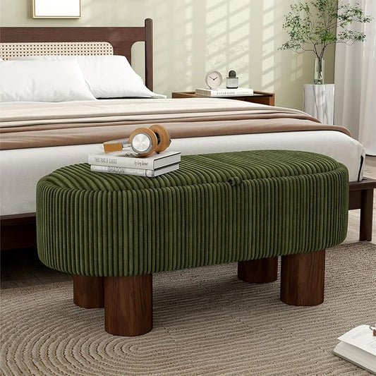 Bench with Storage 43 inch, Upholstered Corduroy Farbic Green Oval Footrest with Hidden Storage, Stool Modern Design Legs for Bedroom, Living Room, and Entryway Furniture Ottoman