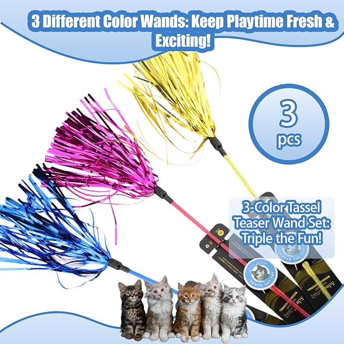 ADUCK Interactive Cat Teaser Wand Toy with Tassels - Durable Cat Chaser for Indoor Kitten Exercise, Boredom Relief & Training Play, Pack of 3 (Gold, Blue, Pink)
