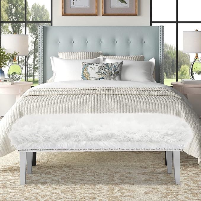 46 Inch White Bedroom Bench, Modern Multi-Purpose Bench with Wooden Legs, White Faux Fur Upholstered Bench for Bedroom, Living Room, or Entryway