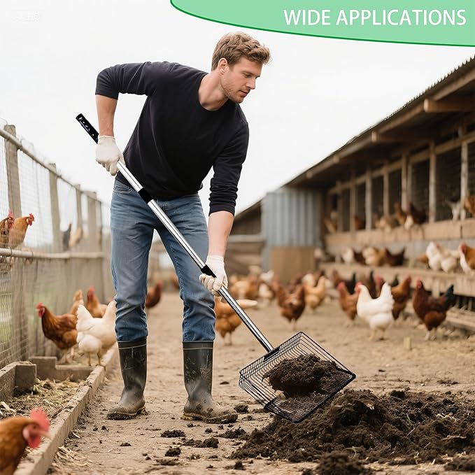 Chicken Poop Scooper - 54-Inch Long Handle Chicken Coop Cleaner, 10-Inch Wide Metal Waste Scooper for Poultry, Rabbit Hutch & Pet Cages