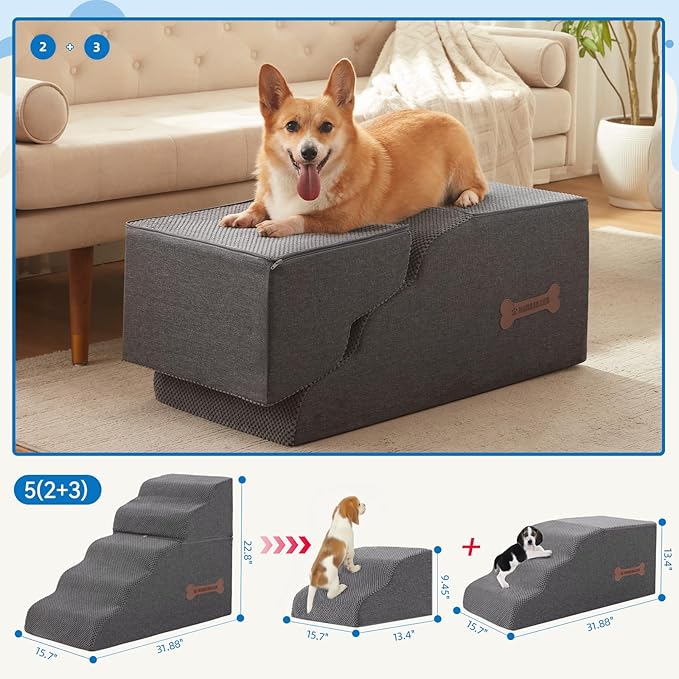 5-Step Spliceable Pet Stairs: Indoor& Outdoor Multi-Use with a Removable Cover and a Pocket, Best for Small Pets and Older Dogs Who Has Spine and Arthritis Issues to Get on High Beds, Grey（22.8" H