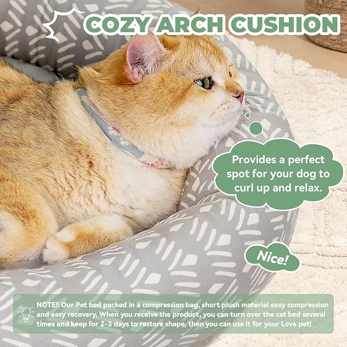 Cat Bed, 20In Dog Beds for Small Dogs, Calming Cat & Dog Beds for Indoor Pets, Pet Beds Comfortable Donut Round Ultra Soft (Grey Pattern, 20.0" L x 20.0" W x 6.5" Th)