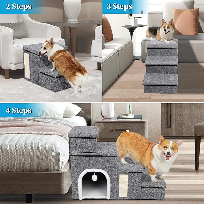 Dog Stairs for Bed and Couch 23“H, Foldable Dog Stairs for Small Older Dogs, 4 in 1 Adjustable Pet Cat Steps Ramps with Storage, Condo, Cat Scratcher, Hold Up to 180LBS, 4 Steps