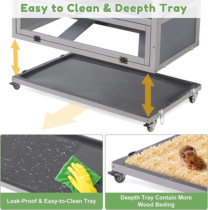 Coziwow Hamster Cage 35.4'' with Removable Ramps & Tray, Small Animals Hutch with Wheels & 2 Openable Doors, 3-Tier Wooden Cage for Dwarf Syrian Hamster, Mice, Rat, Rabbit