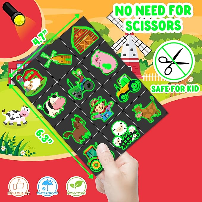 96 PCS Farm Barnyard Animal Glow In The Dark Pre-Cut Temporary Tattoos Sticker 1st First 2nd Birthday Decorations Party Favors Supplies Gift Boy Girl Farmhouse Tattoo School Reward Themed (Luminous)
