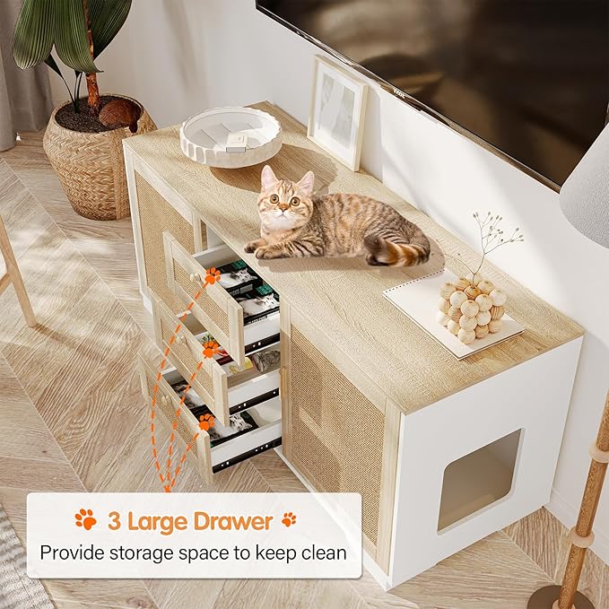 Cat Litter Box Enclosure Furniture Hidden Indoor 2-in-1 Wooden Cat & Washroom Cabinet with Scratching Board Doors and 3 Drawer for 2 Cats, 55"x20"x24"H