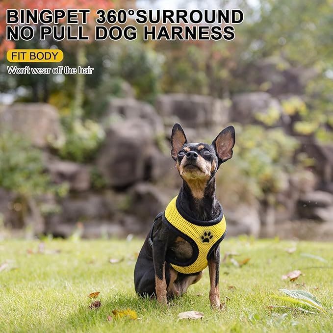 BINGPET No Pull Dog Harness,Soft Mesh Breathable All Weather Vest Harness,Safety Protection Design Durable Adjustable Step-in Easy Walk Dog Harness for Small Medium Large Dogs(Yellow,S)