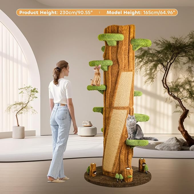 90.5'' Luxury Cat Tree for Indoor Cats, All-in-One Tall Cat Tower with Scratching Post, Multi-Level House, Wood Condo for Multi-Cat Families (Green)