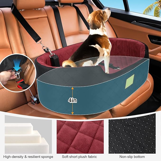 Dog Car Seat for Medium Dogs Up to 50 lbs, Pet Booster Seat for Cars SUVs and Trucks, Travel Dog Bed with Safety Strap, Thick Cushion, Non-Slip Base, Washable and Portable(Black/Red