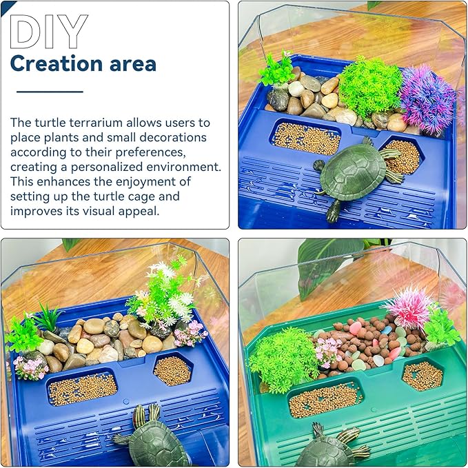 Aquatic Turtle Tank Habitat Kit Stone+Filter+Heat Lamp Enhancing Interaction with 360° Viewing, Standalone Filtration, DIY Creative Zone, Enriched Living (Blue, X-Large[with Light])