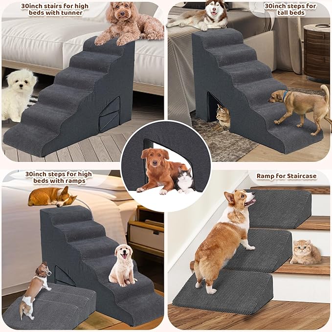 Dog Stairs & Steps Ramps for High Beds 30 inches High Tall, LitaiL 6 Step Pet Stairs Steps for Small Large Dogs, Non-Slip Dog Ramps with 3 Pack Ramps for Staircase