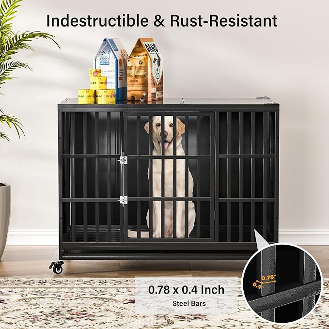48 inch Heavy Duty Dog Crate with Self-Locking Latch, Indestructible Large Steel Kennel with Enclosed Design, Escape-Proof and Chew-Proof Pet Cage for High Anxiety Dogs