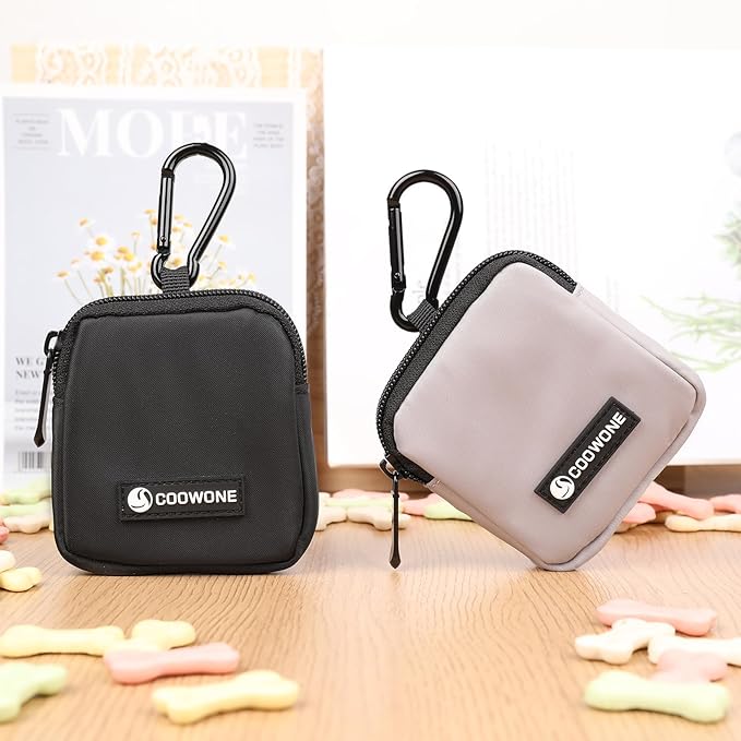 Dog Treat Pouch 2 PCS, Waterproof Small Dog Treat Bag for Leash, Hands Free Dog Walking Bag with Carabiner, Dog Poop Bag Holder for Pet Puppy Travel or Outdoor Use, Zipper Closure to Avoid Spilling