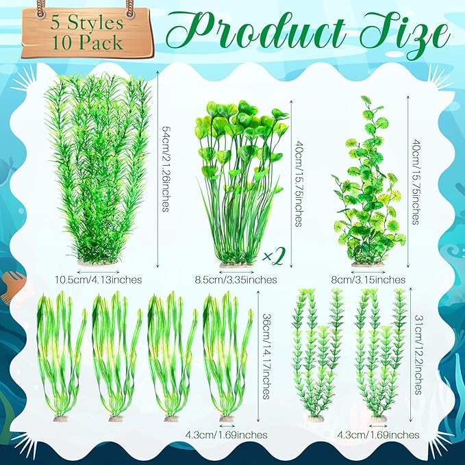 10 Pcs Large Aquarium Artificial Plants Decorations, Tall Plastic Fish Tank Plant Decorations for Household and Office Aquarium (Green)